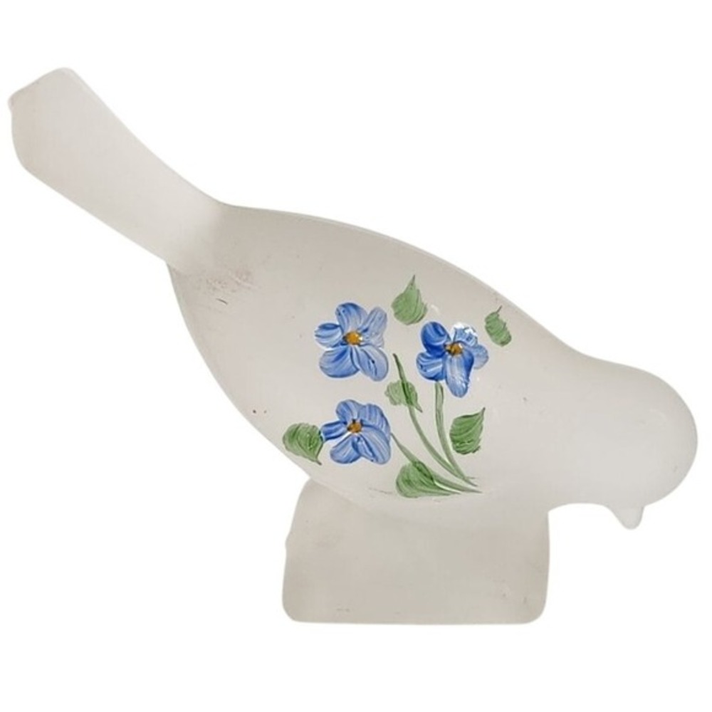 Frosted Glass Sparrow Bird Hand Painted Flowers Small Figurine